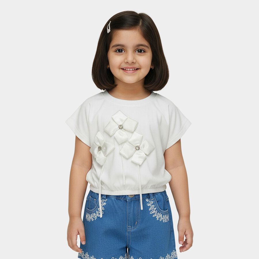 Girls' White Round Neck Romantic T-Shirt, White, large