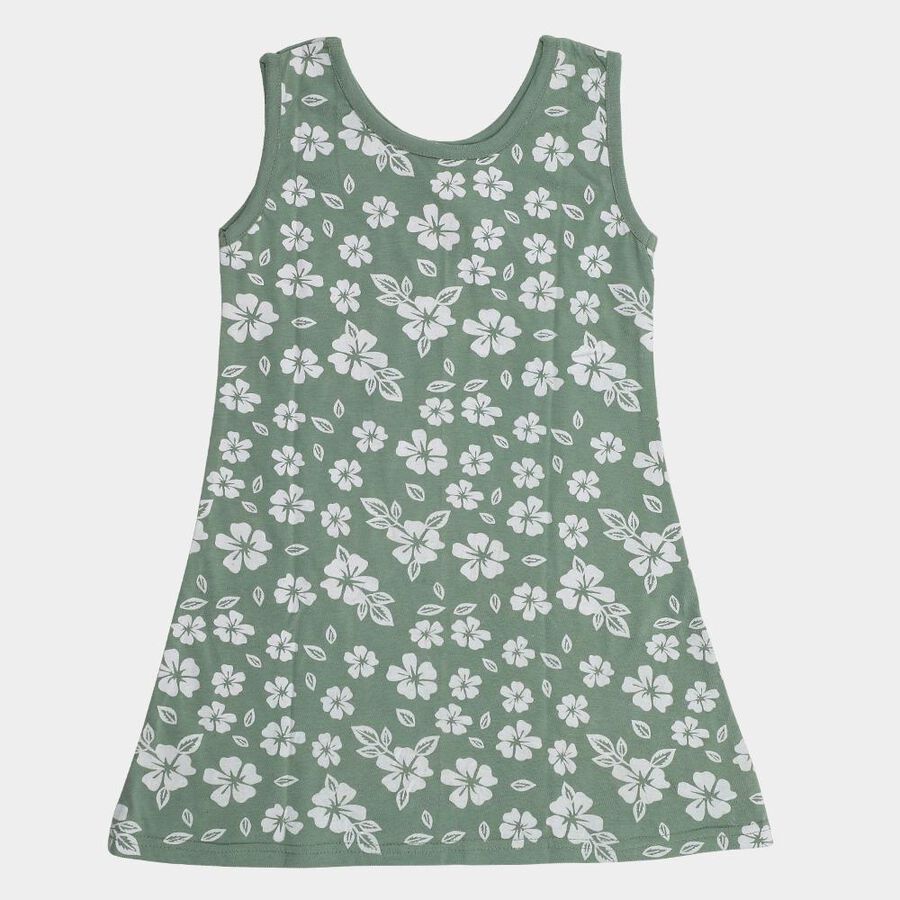 Girls' Muted Sage Green Floral Sleeveless A-Line Frock, Light Green, large image number null