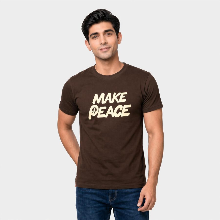 Men's Brown Round Neck Regular T-Shirt, Brown, large