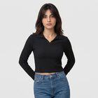 Women's Black Polo Collar Crop Top, काला, small