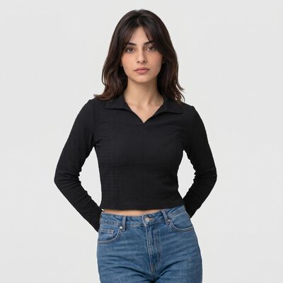 Women's Black Polo Collar Crop Top