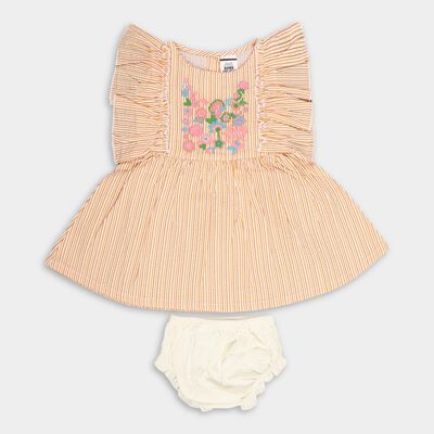Infants' Yellow and White Striped Floral Embroidered Cotton Frock