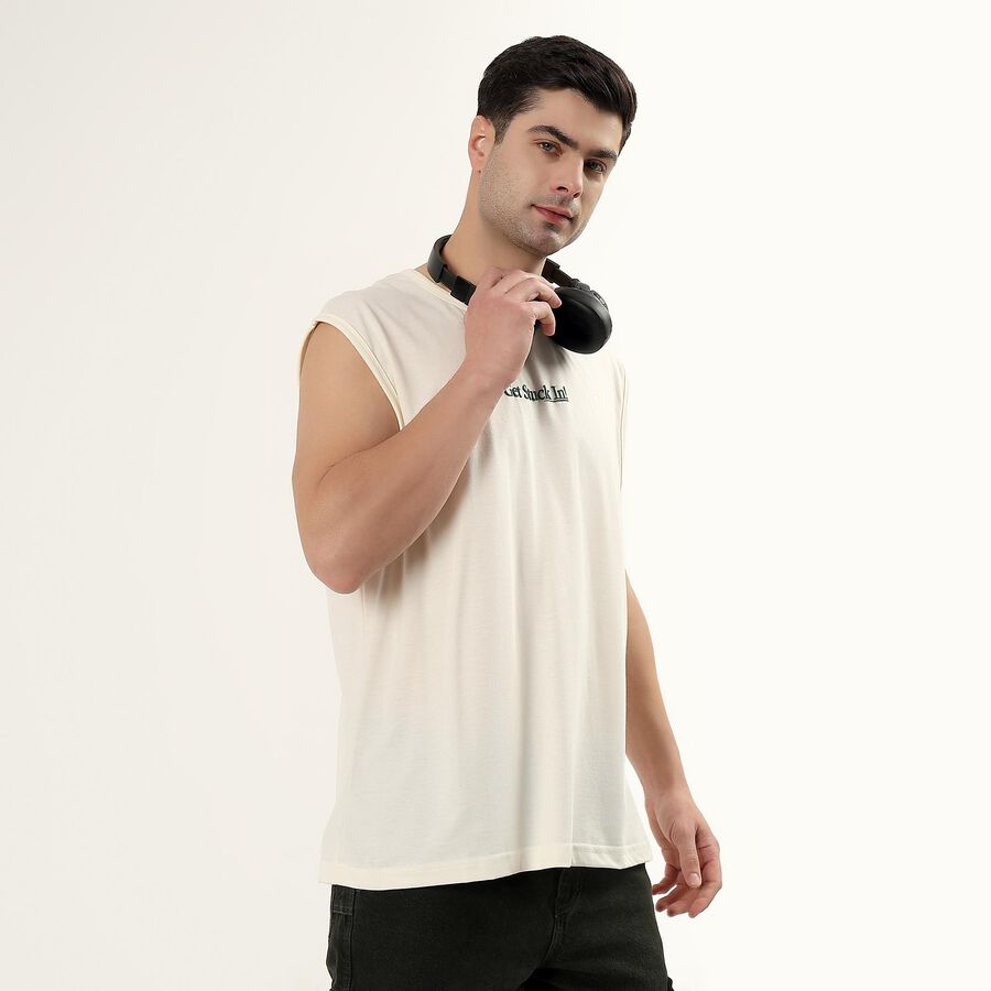 Men's Off-White Crew Neck Casual Sleeveless T-Shirt, Off White, large