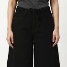 Women's Black Wide Leg Solid Cotton Capri, Black, small