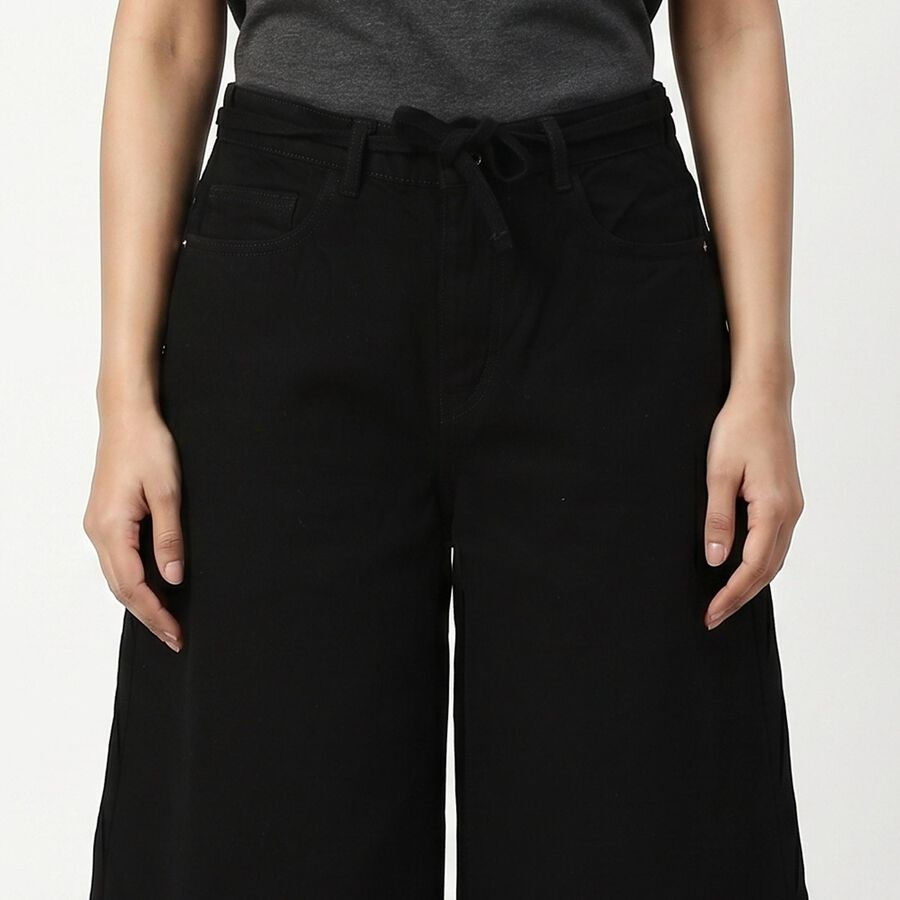 Women's Black Wide Leg Solid Cotton Capri, Black, large