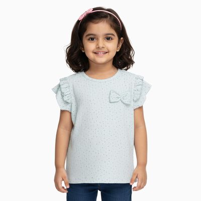 Girls' Light Blue Round Neck Casual Ruffle Sleeve T-Shirt