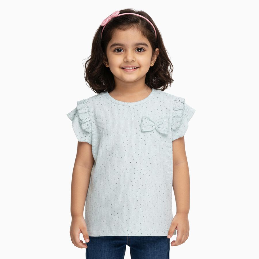 Girls' Light Blue Round Neck Casual Ruffle Sleeve T-Shirt, हल्का नीला, large
