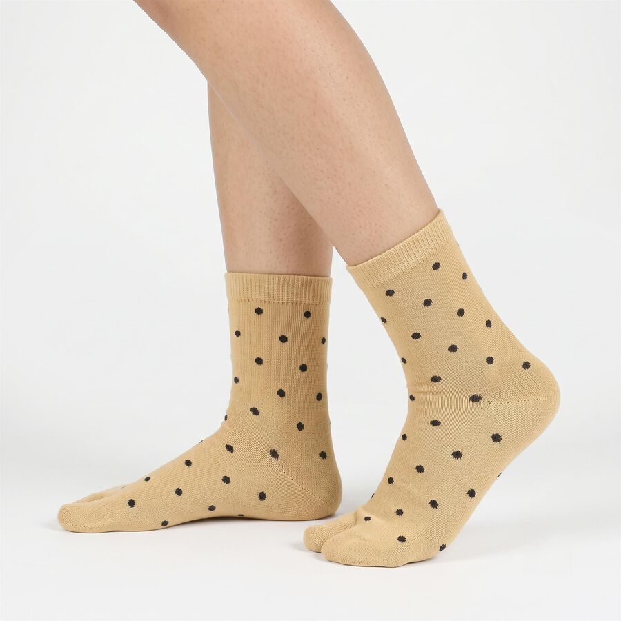 Women's Beige Regular Fit Polka Dot Toe Socks, गहरा पीला, large