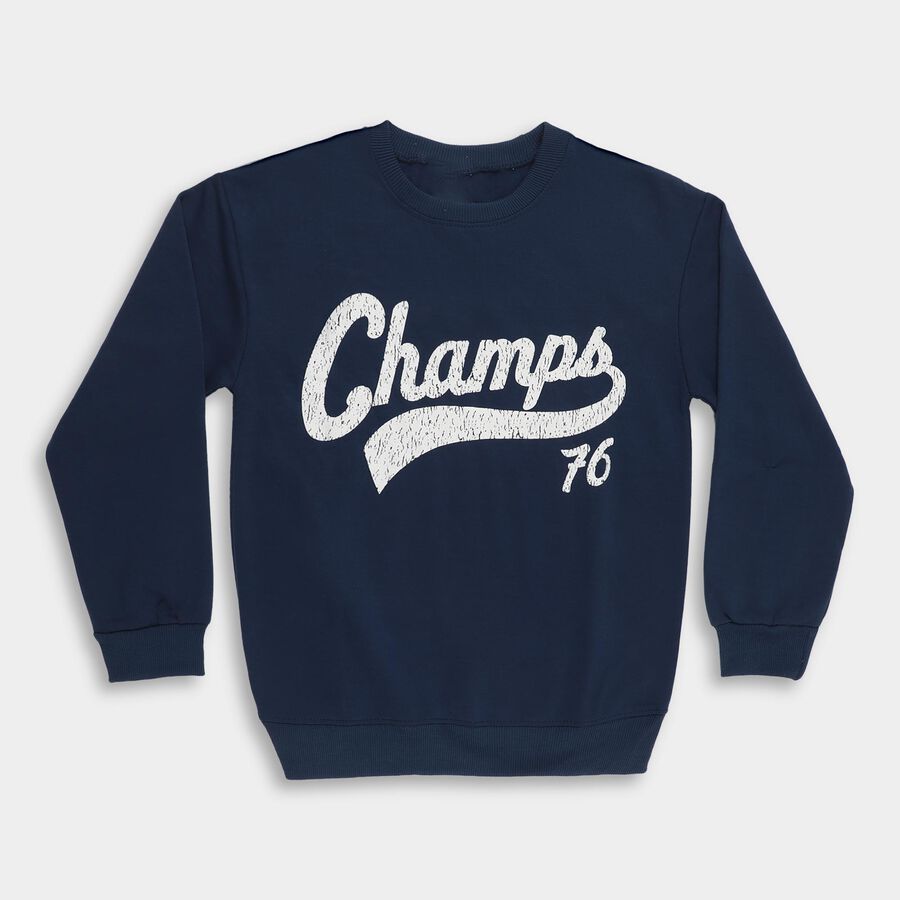 Boys Midnight Navy Blue Crew Neck Graphic Sweatshirt, मध्यम नीला, large image number null