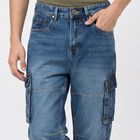 Men's Blue Relaxed Fit Cargo Jeans, गहरा नीला, small