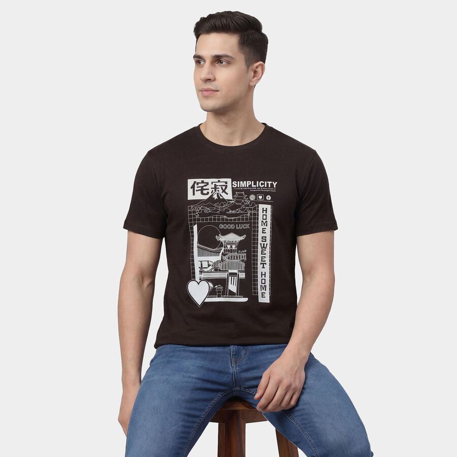 Men's Brown Round Neck Minimalist T-Shirt, भूरा, large