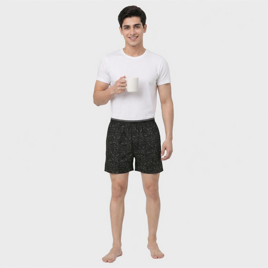 Men's Black Relaxed Fit Geometric Printed Boxers, काला, large