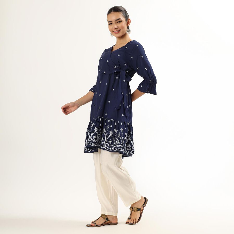 Women's Navy Blue V-Neck Embroidered Kurta, Navy Blue, large image number null