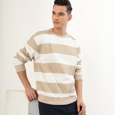 Men's Muted Beige and White Crew Neck Casual Sweatshirt