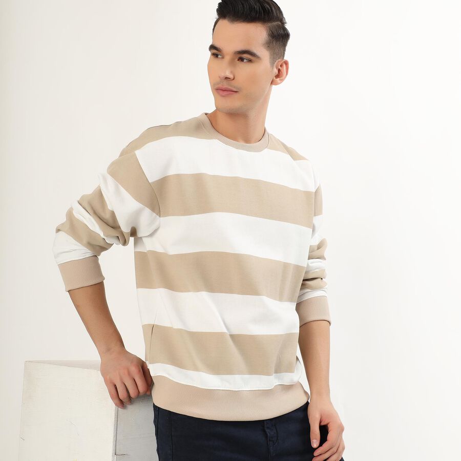 Men's Muted Beige and White Crew Neck Casual Sweatshirt, गहरा पीला, large image number null