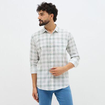 Men's Light Sage Green Checked Spread Collar Casual Shirt