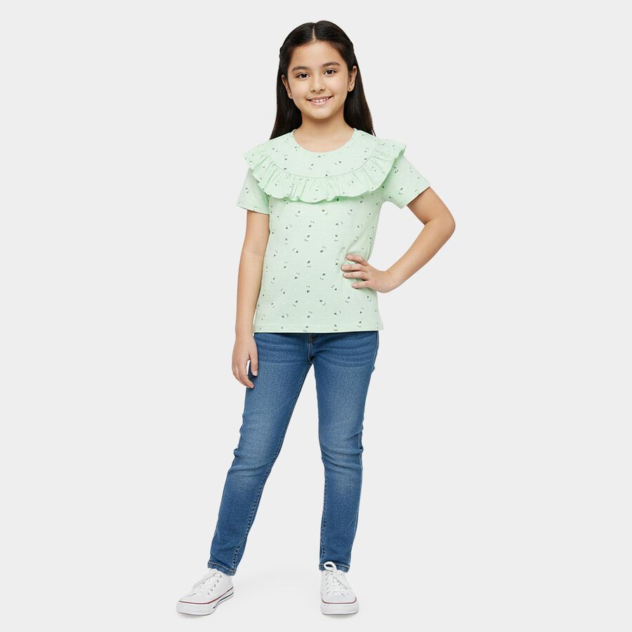 Girls Mint Green Cotton Round Neck Casual T-Shirt, Light Green, large