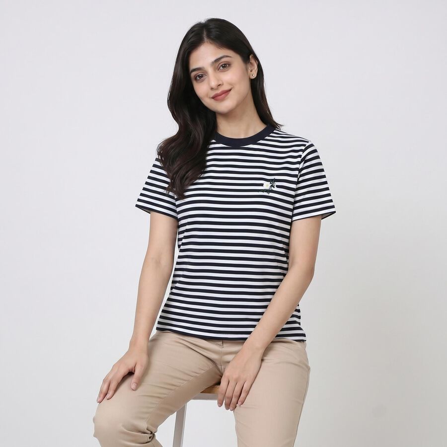 Women's Navy Blue Round Neck Regular T-Shirt, नेवी ब्लू, large