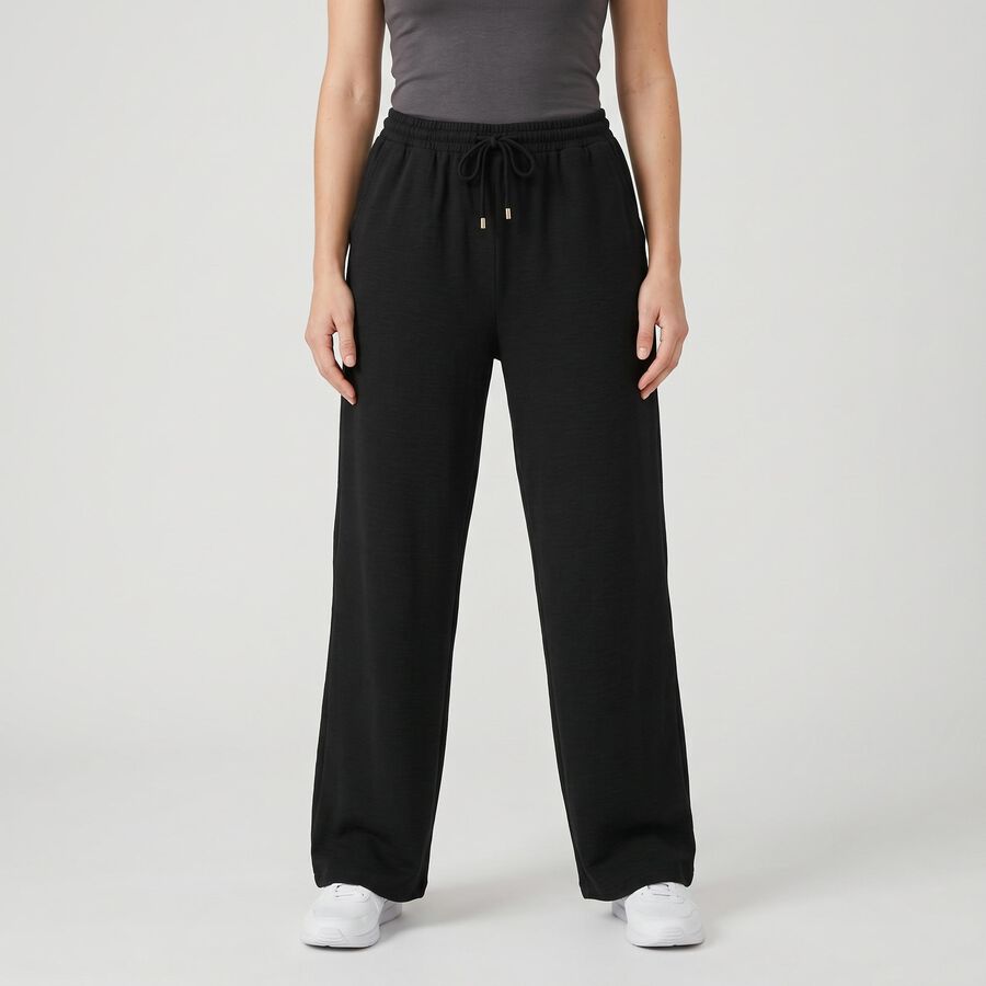 Women's Black Wide Leg Drawstring Track Pants, Black, large