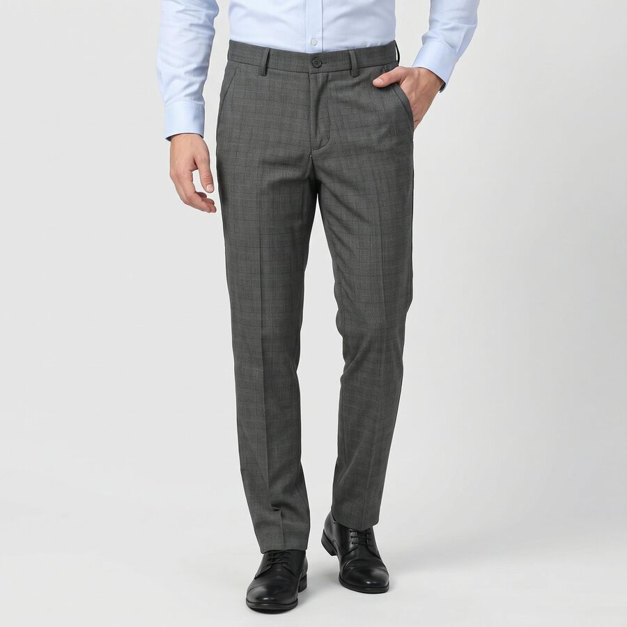 Men's Grey Slim Fit Checked Formal Trousers, Dark Grey, large