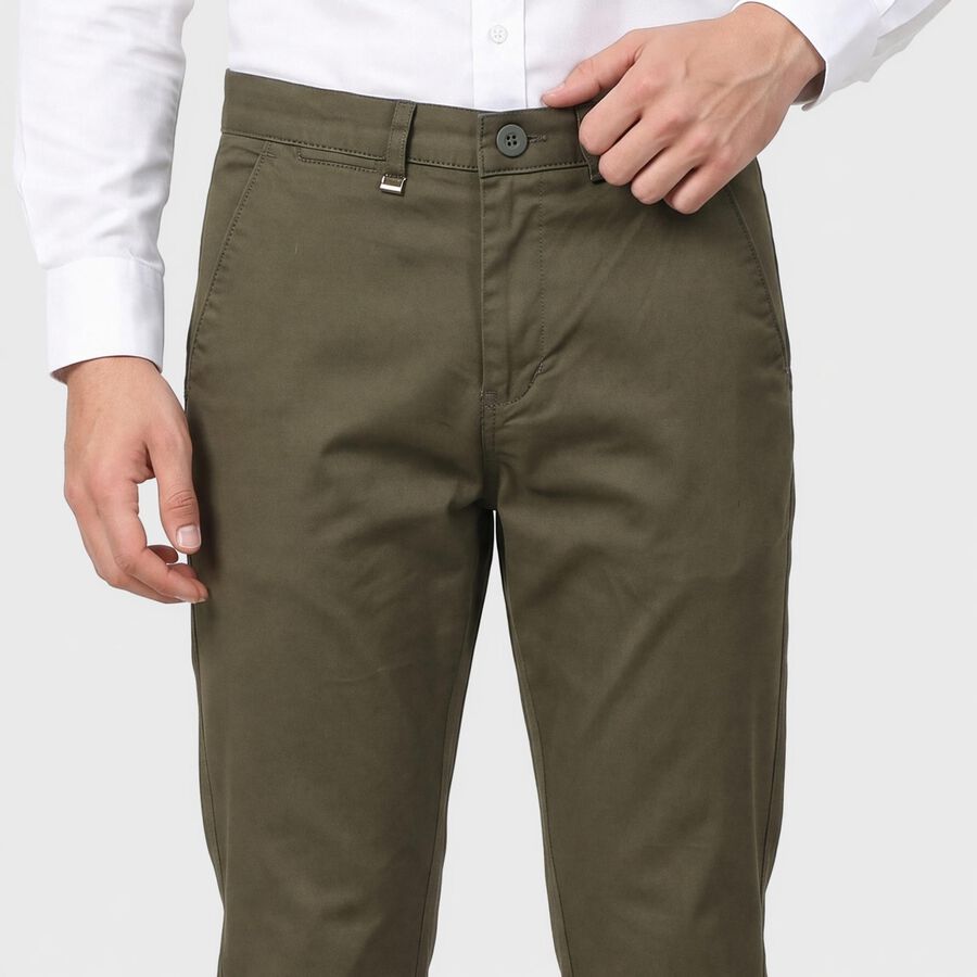 Men's Olive Green Slim Fit Chino Trousers, ओलिव, large