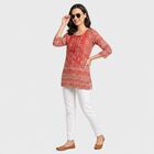 Women's Coral Round Neck Printed Straight Kurti, Coral, small