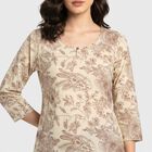 Women's Cream Round Neck Floral Printed Straight Kurti, ऑफ व्हाइट, small