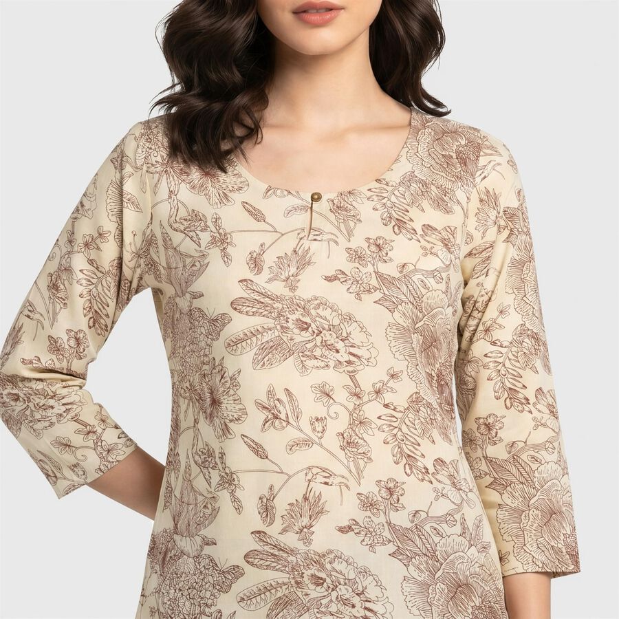 Women's Cream Round Neck Floral Printed Straight Kurti, ऑफ व्हाइट, large