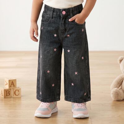 Girls' Black Wide Leg Star Printed Jeans
