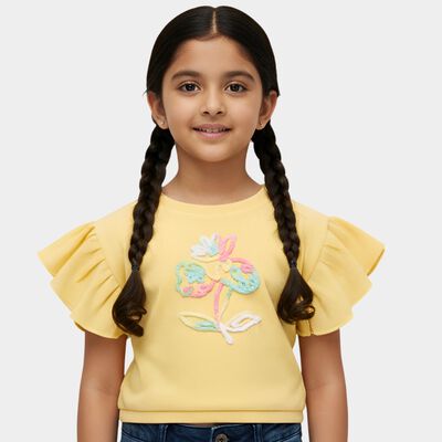 Girls' Yellow Round Neck Ruffle Sleeve Casual T-Shirt