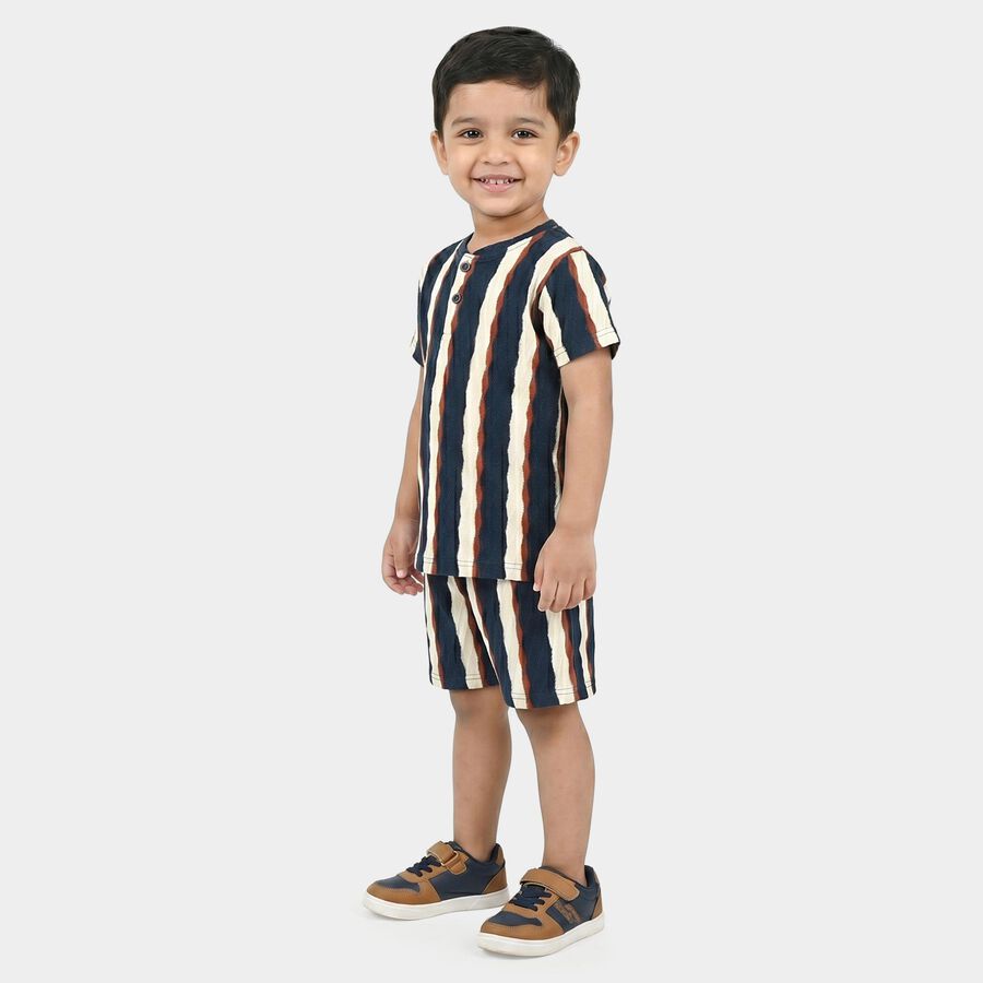 Boys Navy Blue Round Neck Striped Baba Suit, Navy Blue, large