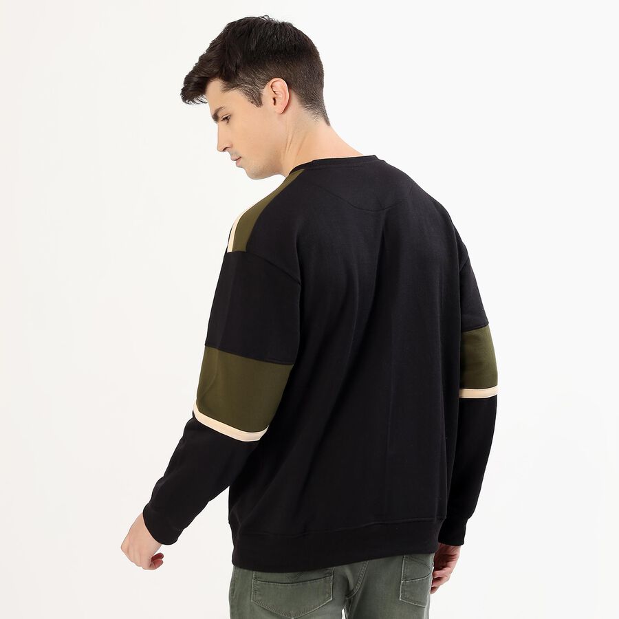 Men's Jet Black and Olive Green Crew Neck Casual Sweatshirt, काला, large image number null