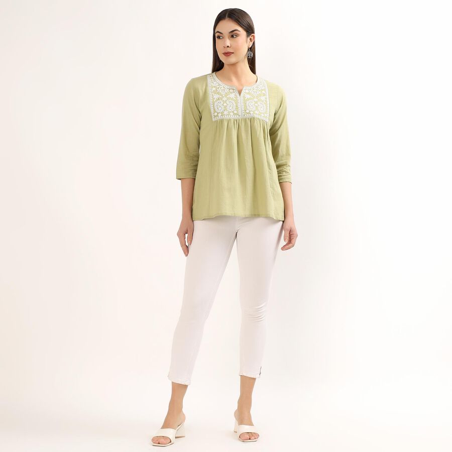 Women's Light Sage Green Cotton Round Neck Solid Kurti, Light Green, large
