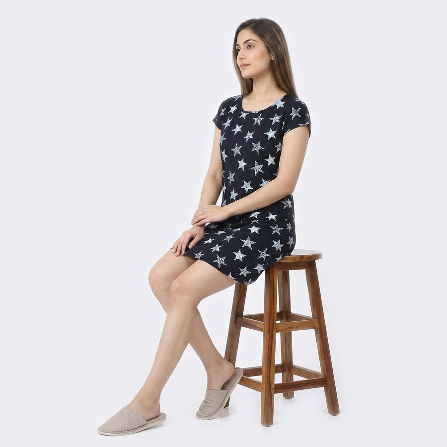 Women's Navy Blue Round Neck T-Shirt Style Nighty, Navy Blue, large