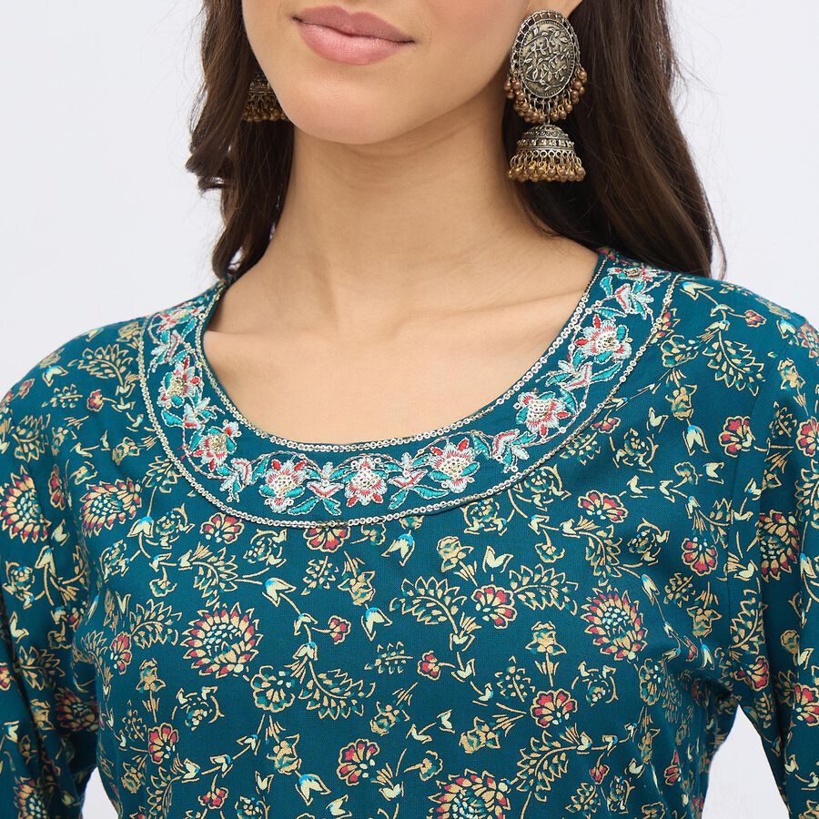 Women's Deep Peacock Blue Round Neck Embroidered Kurta, Teal Blue, large image number null
