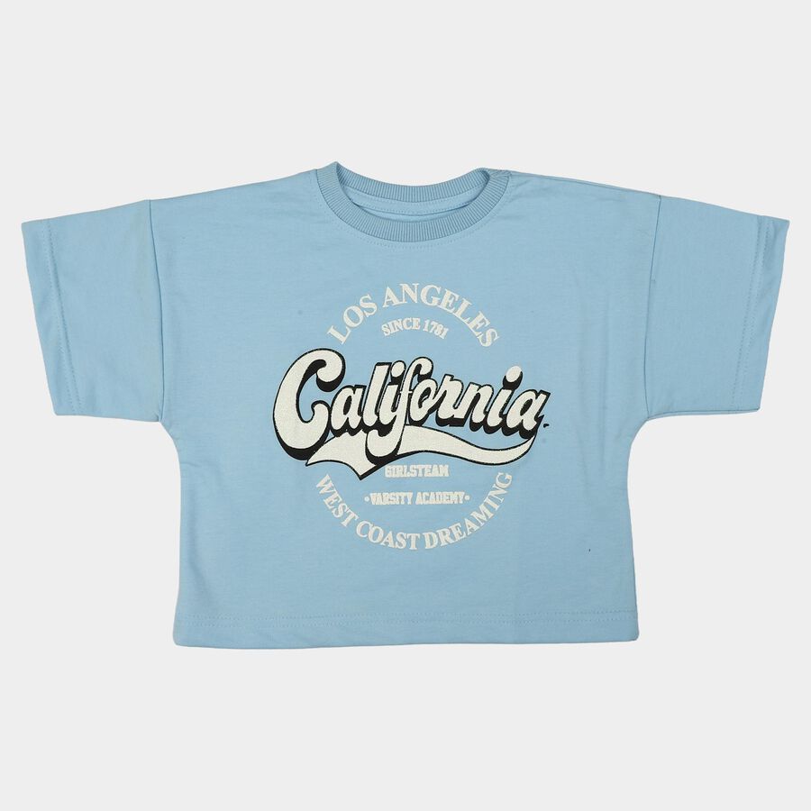 Girls Light Blue Crew Neck Crop T-Shirt, Light Blue, large