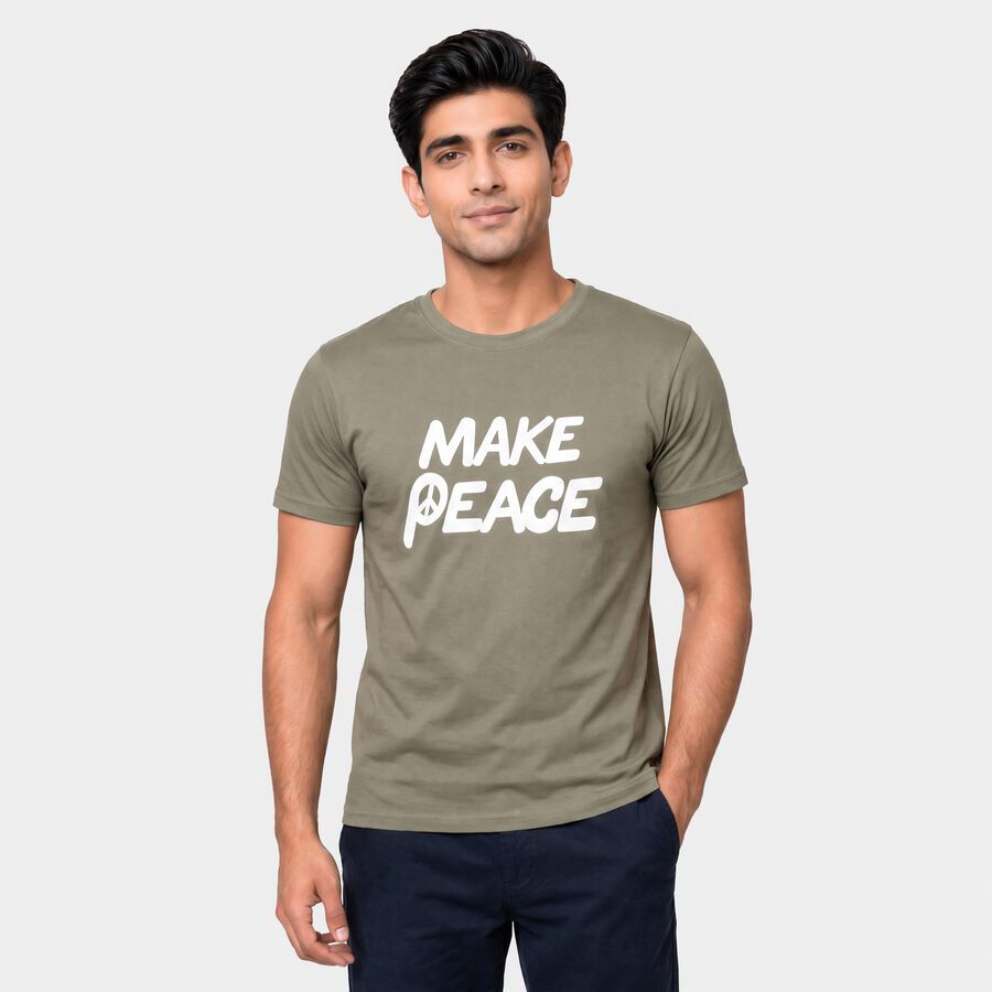 Men's Olive Green Round Neck Regular T-Shirt, Light Green, large
