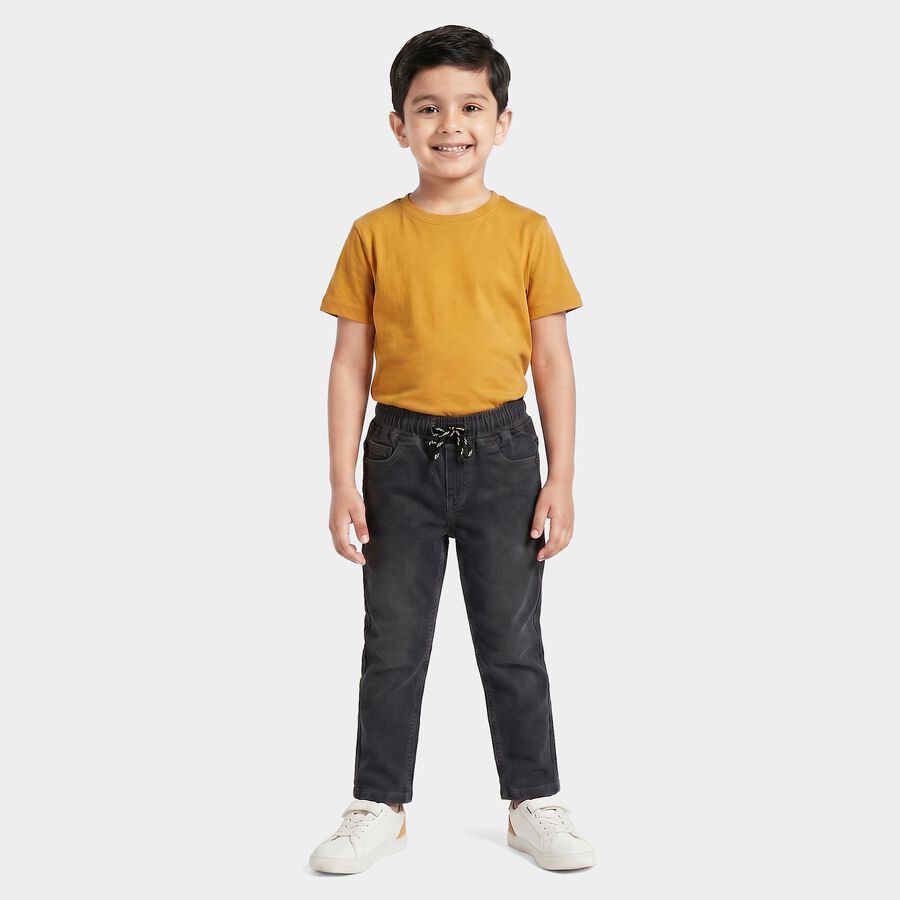 Boys Dark Grey Straight Fit Drawstring Waist Jeans, गहरा ग्रे, large