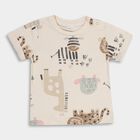 Infants' Beige Cotton Round Neck Animal Print Baba Suit, Beige, small