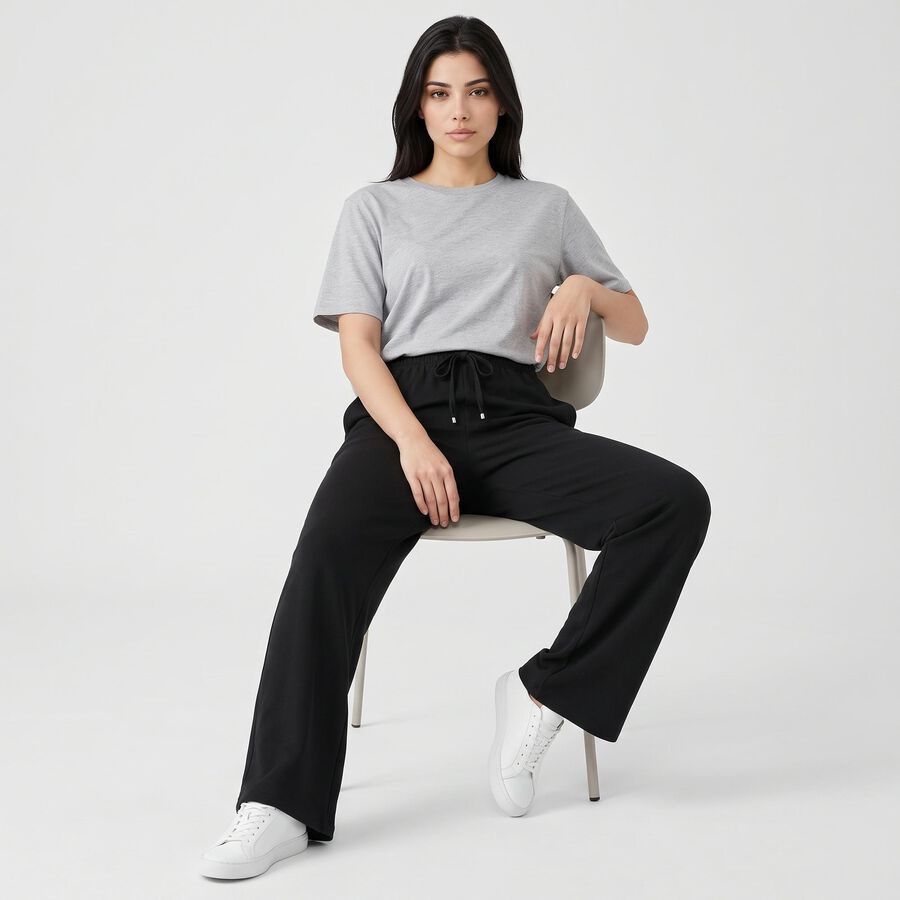 Women's Black Wide Leg Drawstring Track Pants, Black, large