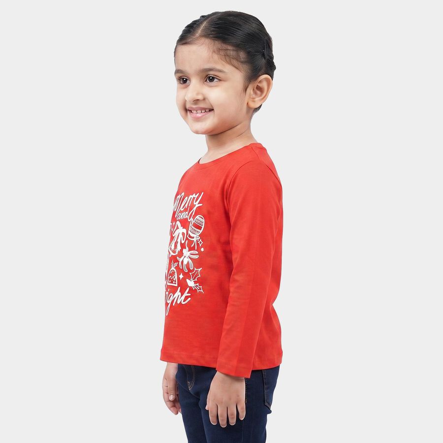Girls Red Round Neck Regular Top, Red, large