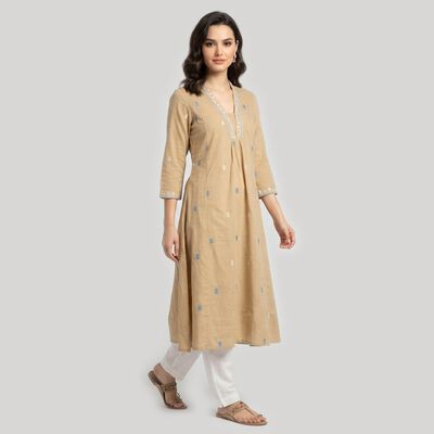 Women's Beige Round Neck Embroidered Straight Kurta