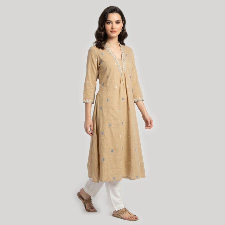 Women's Beige Round Neck Embroidered Straight Kurta, गहरा पीला, large