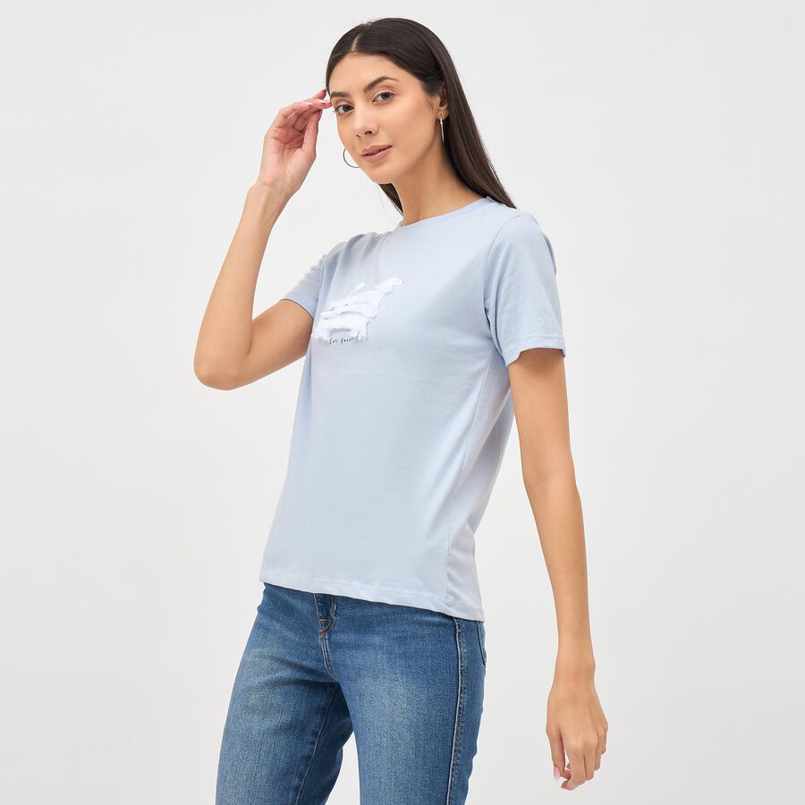 Women's Light Blue Cotton Round Neck T-Shirt, Light Blue, large image number null