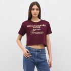 Women's Deep Burgundy Cotton Round Neck Casual Crop T-Shirt, Wine, small