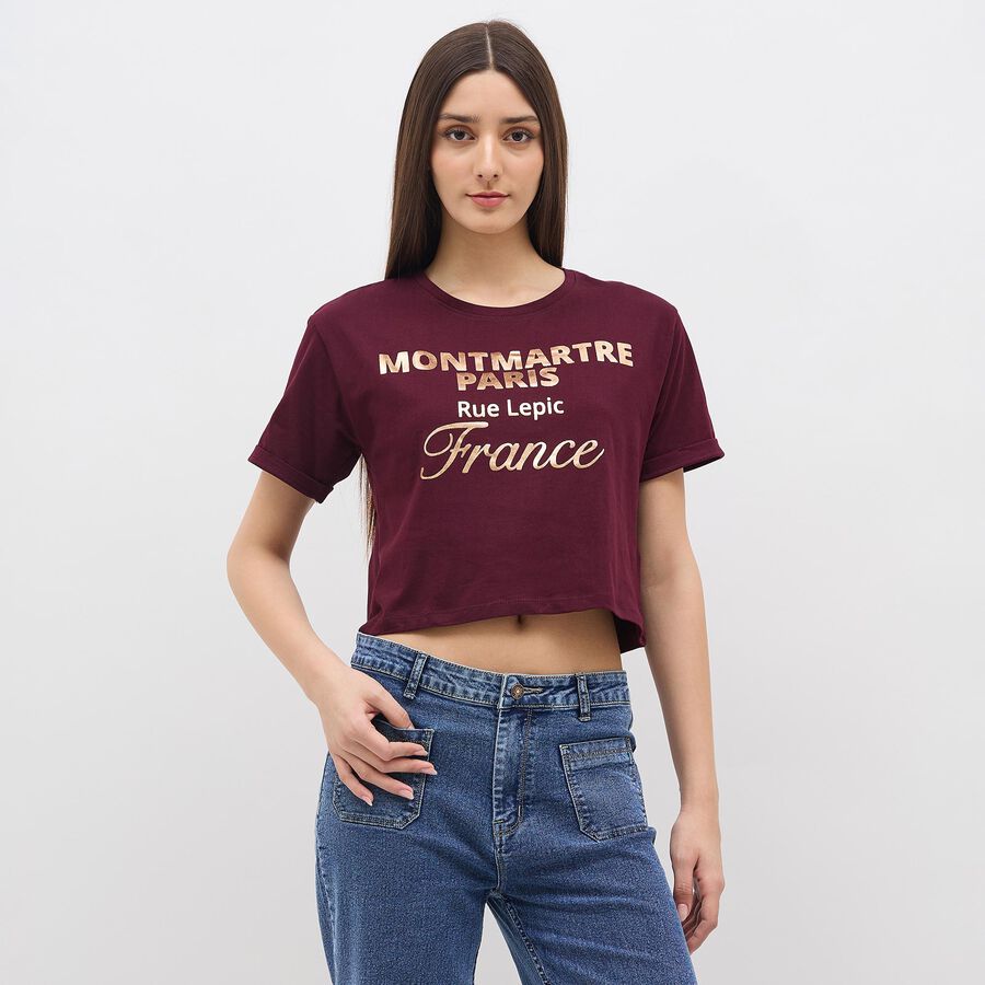 Women's Deep Burgundy Cotton Round Neck Casual Crop T-Shirt, Wine, large