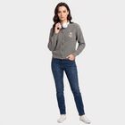 Women's Grey Round Neck Button-Front Cardigan, गहरा ग्रे, small