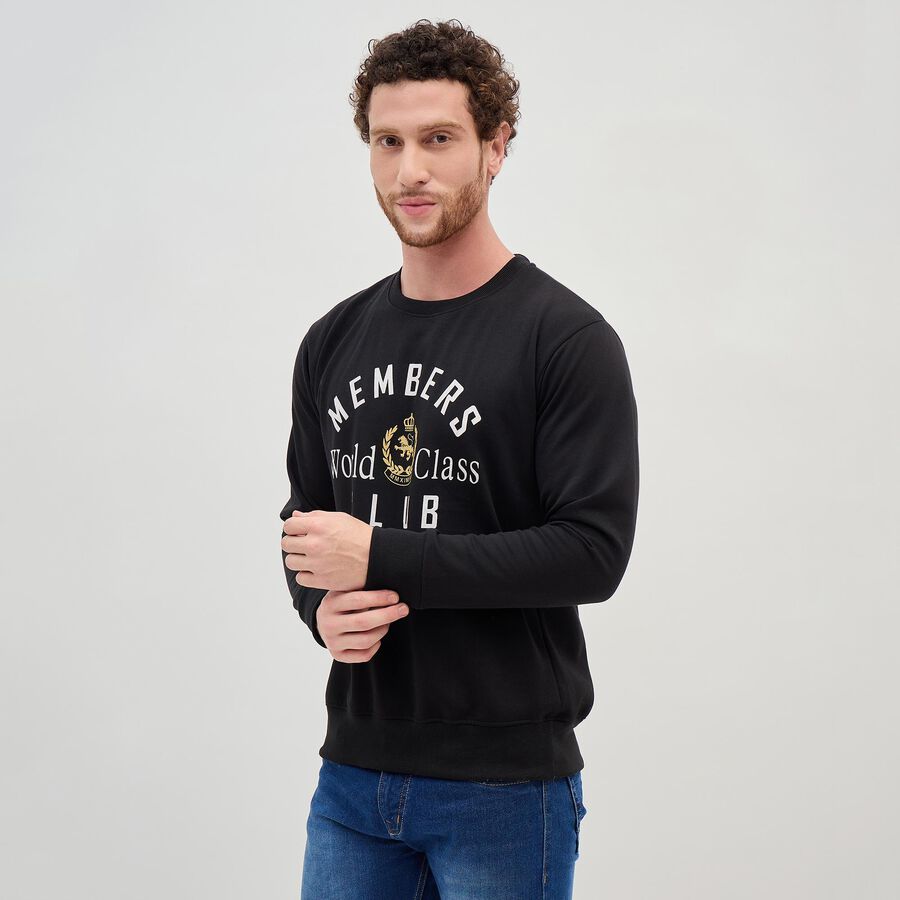 Men's Jet Black Crew Neck Casual Sweatshirt, Black, large image number null