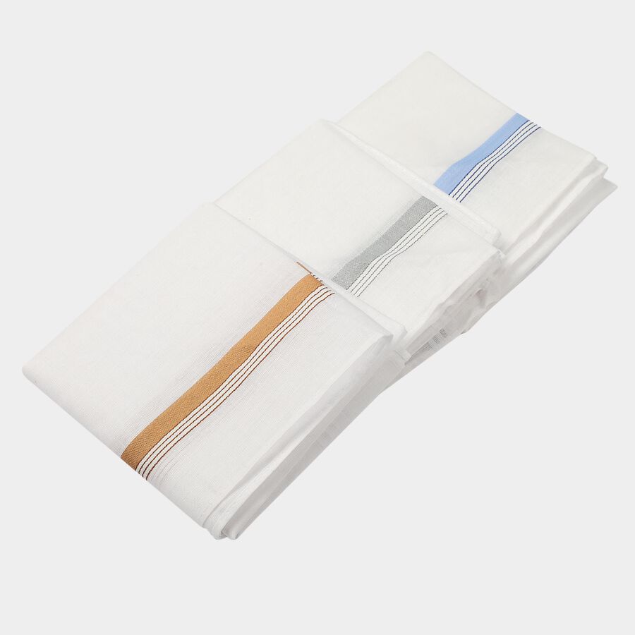 Men's White Striped Pack of 3 Handkerchief, White, large