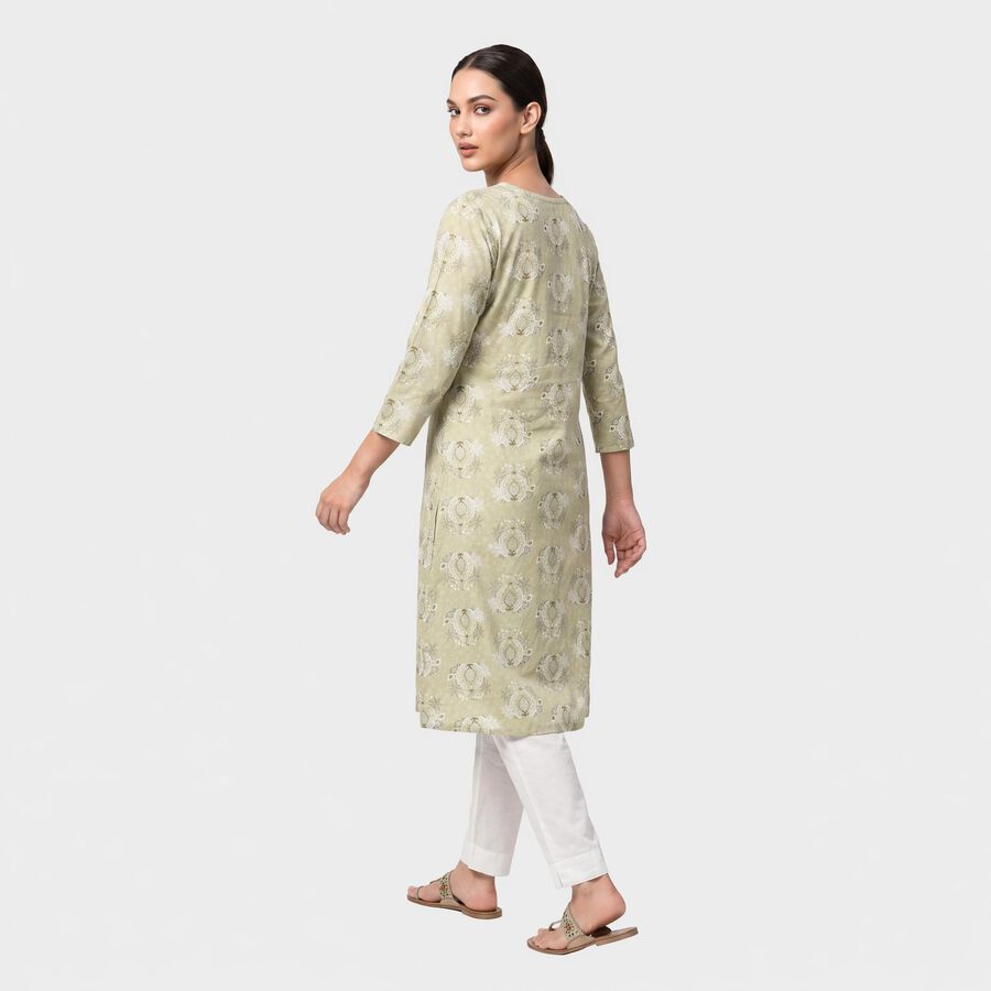 Women's Sage Green V-Neck Printed Kurta, हल्का हरा, large